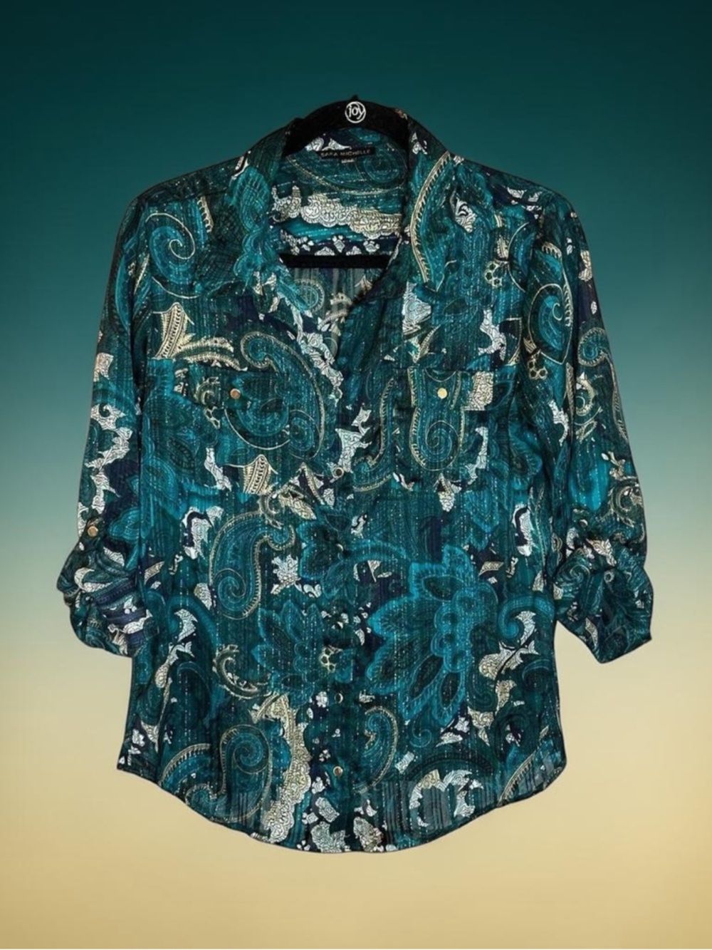 Sara Michelle Shimmery Paisley button up blouse Petite Large